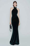 Dark Green Halter Velvet Mermaid Long Formal Dress