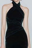 Dark Green Halter Velvet Mermaid Long Formal Dress