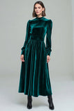 Peacock Green A-Line Velvet Long Formal Dress with Long Sleeves