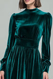 Peacock Green A-Line Velvet Long Formal Dress with Long Sleeves