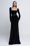 Black Velvet Sheath Long Sleeves Formal Dress with Beading