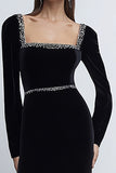 Black Velvet Sheath Long Sleeves Formal Dress with Beading