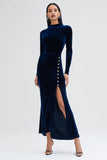 Navy Velvet Sheath Long Sleeves Holiday Party Dress with Slit