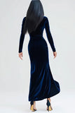 Navy Velvet Sheath Long Sleeves Holiday Party Dress with Slit