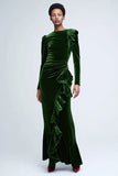 Green Velvet Ruffled Sheath Holiday Party Dress with Long Sleeves