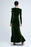 Green Velvet Ruffled Sheath Holiday Party Dress with Long Sleeves