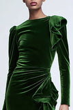 Green Velvet Ruffled Sheath Holiday Party Dress with Long Sleeves