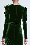 Green Velvet Ruffled Sheath Holiday Party Dress with Long Sleeves