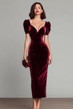 Sheath Burgundy V-Neck Velvet Midi Formal Dress