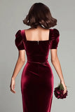 Sheath Burgundy V-Neck Velvet Midi Formal Dress