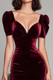 Sheath Burgundy V-Neck Velvet Midi Formal Dress