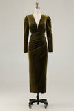 Olive Sheath V-Neck Ruched Velvet Long Formal Dress with slit