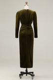 Olive V Neck Sheath Ruched Velvet Long Formal Dress with Slit