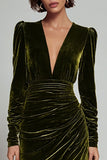 Olive Sheath V-Neck Ruched Velvet Long Formal Dress with slit