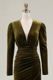 Olive V Neck Sheath Ruched Velvet Long Formal Dress with Slit