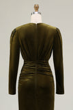 Olive V Neck Sheath Ruched Velvet Long Formal Dress with Slit