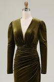 Olive V Neck Sheath Ruched Velvet Long Formal Dress with Slit