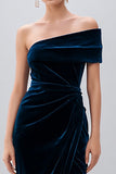 Navy One Shoulder Midi Sheath Velvet Formal Dress with Slit