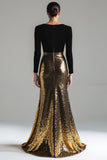 Sparkly Gold and Black V-Neck Sheath Long Formal Dress