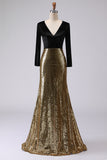 Sparkly Gold and Black V-Neck Sheath Long Formal Dress