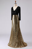 Sparkly Gold and Black V-Neck Sheath Long Formal Dress with Sleeve