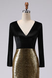 Sparkly Gold and Black V-Neck Sheath Long Formal Dress with Sleeve