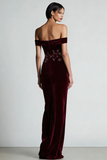 Off the Shoulder Velvet Burgundy Beaded Long Formal Dress