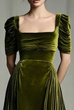 Olive A-Line Square Neck Velvet Long Formal Dress