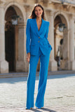 Blue 2 Piece Peak Lapel Single Breasted Women's Suits