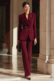 Burgundy Double Breasted Peak Lapel 2 Piece Women's Business Suits