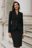 Black 2 Piece Peak Lapel Pencil Midi Work Dress
