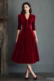 Burgundy A Line Velvet V-Neck Work Dress with Half Sleeves