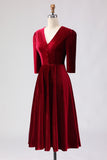 Burgundy Velvet A Line V-Neck Midi Work Dress with Half Sleeves