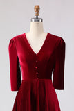 Burgundy Velvet A Line V-Neck Midi Work Dress with Half Sleeves