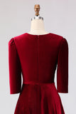 Burgundy Velvet A Line V-Neck Midi Work Dress with Half Sleeves