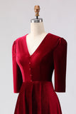Burgundy Velvet A Line V-Neck Midi Work Dress with Half Sleeves