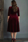 Plus Size Burgundy Velvet A Line V-Neck Midi Work Dress with Half Sleeves