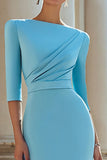 Light Blue Bodycon Half Sleeves Pleated Midi Work Dress