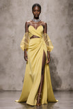 Daffodil Sweetheart Satin Mermaid Long Pageant Dress with Sleeves