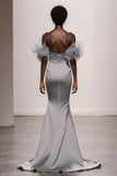 Mermaid Off the Shoulder Ruffles Silver Sequin Pageant Dress