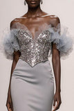 Mermaid Off the Shoulder Ruffles Silver Sequin Pageant Dress