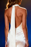 White Satin Mermaid Halter Long Pageant Dress with Cape