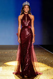 Sparkly Burgundy Mermaid Sequin Halter Long Pageant Dress with Bow