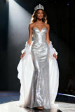 Sparkly Silver Mermaid Sequin Sweetheart Long Pageant Dress with Shawl