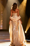 Sparkly Champagne Sequins Mermaid Strapless Long Pageant Dress with Shawl