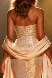 Sparkly Champagne Sequins Mermaid Strapless Long Pageant Dress with Shawl