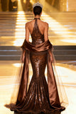 Sparkly Coffee Sequin Halter Long Pageant Dress with Shawl
