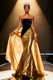 Sparkly Black and Gold Mermaid Sequin Long Pageant Dress with Shawl