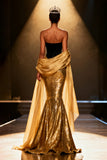 Sparkly Black and Gold Mermaid Sequin Long Pageant Dress with Shawl