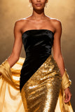 Sparkly Black and Gold Mermaid Sequin Long Pageant Dress with Shawl